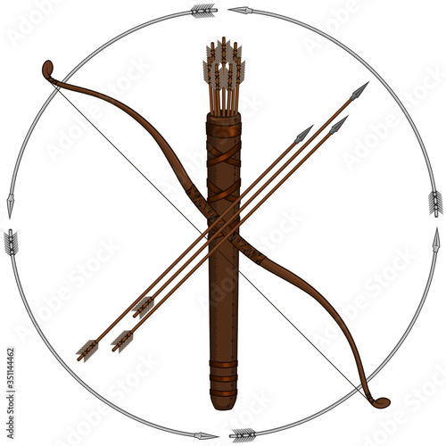 Vector design of Bow Arrow Quiver Archery Kit on white background, each element is individual
