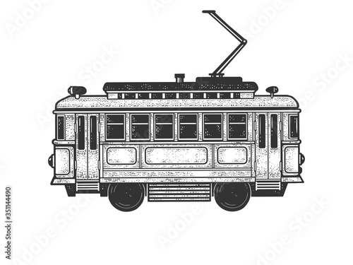 vintage tram sketch engraving vector illustration. T-shirt apparel print design. Scratch board imitation. Black and white hand drawn image.