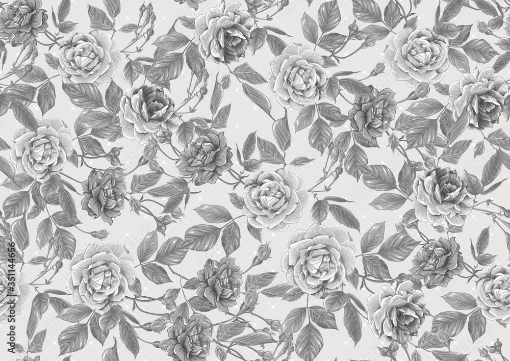 Fototapeta premium Seamless pattern with roses flowers. Vector illustration in monochrome gray colors