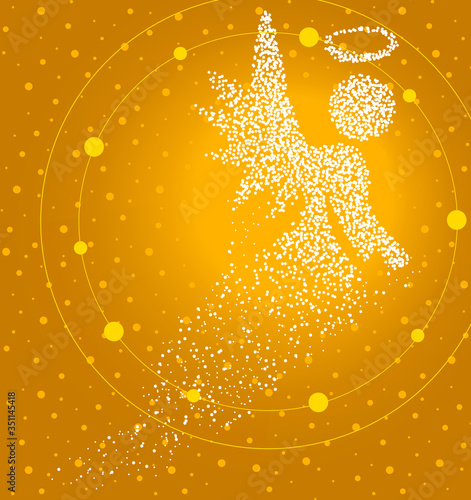 Holy angel formed by a magical trail of flying points on golden background