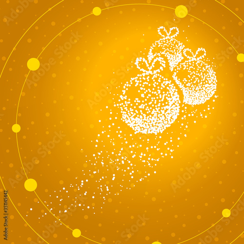 Three Christmas balls formed by a magical trail of flying points on golden background