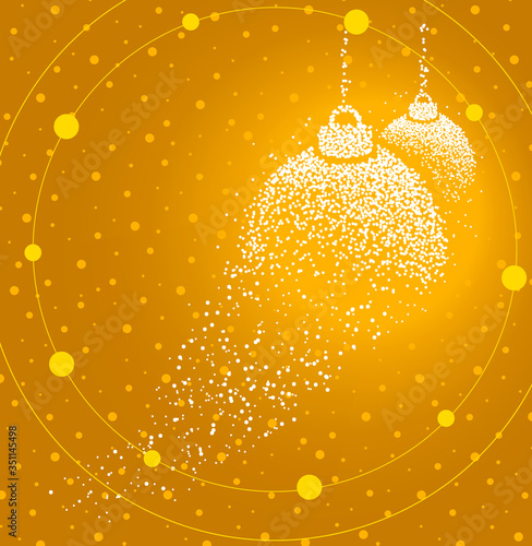 Christmas balls formed by a magical trail of flying points on golden background