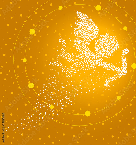 Cupid formed by a magical trail of flying points on golden background
