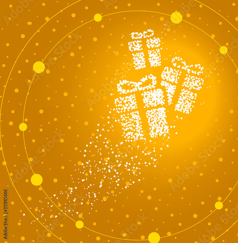 Gift boxes formed by a magical trail of flying points on golden background