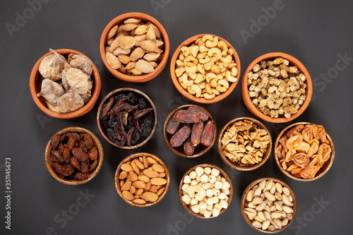 Dried fruits and mixed nuts. Healthy foods.