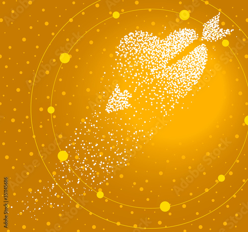 Cupid heart formed by a magical trail of flying points on golden background