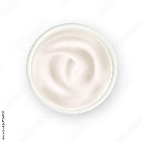 Yoghurt Dairy Creamy Dessert Food Top View Vector. Bio Organic Home Made Yoghurt Nutrition In Bowl. Healthy Diet Breakfast, Bacterial Fermentation Of Milk Product Template Realistic 3d Illustration