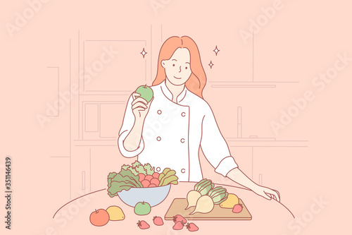 Health, vegan, food, cooking concept. Woman girl cooker vegetarian cartoon character standing with healthy food fruits and vegetables at home restaurant. Healthy lifestyle and proper nutrition or diet