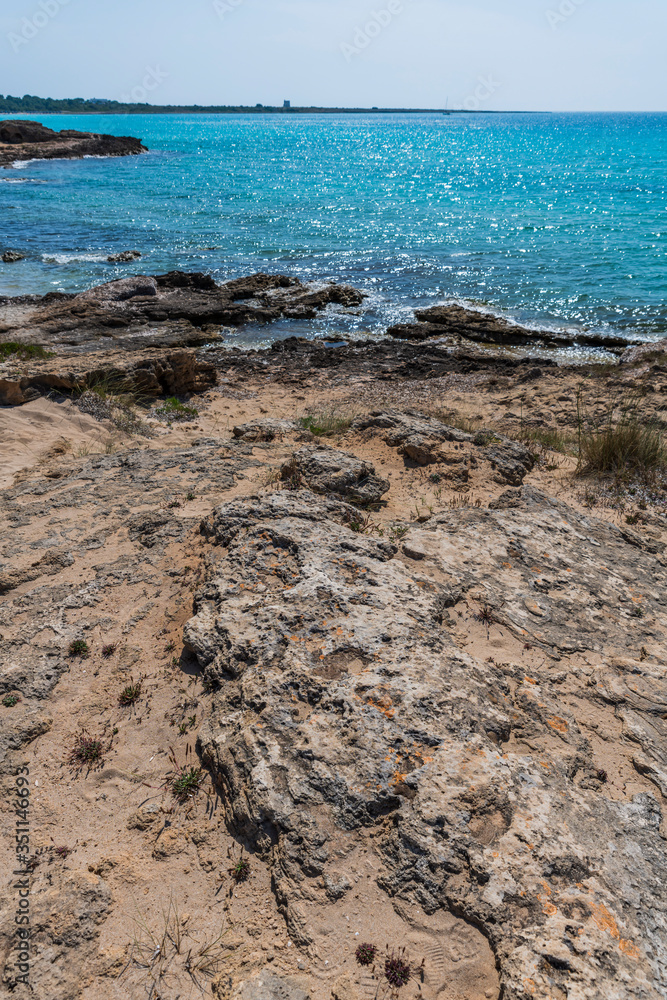 Golden beaches and clear sea. Magic of Salento. Punta della Suina. Puglia, Italy Golden beaches and clear sea. Magic of Salento. Punta della Suina. Puglia, Italy