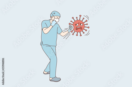Coronavirus, fighting, infection, protection concept. Young man doctor cartoon character in medical face mask hitting or boxing 2019ncov virus. Struggle against covid19 pandemic desease illustration.