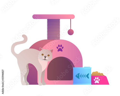 Goods for pets icon with funny cat. White cat, claw point and food in bowl isolated on white background. Animal store cartoon pictogram, advertising of products for pets vector illustration.