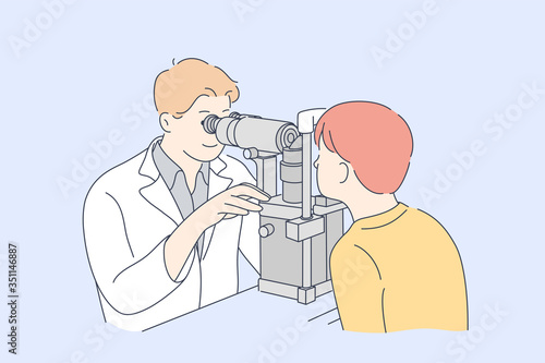 Ophthalmology, medicine, examination concept. Young man doctor optician or oculist cartoon character checking boy child kid vision acuity or eyeground in lab. Healthcare and medical help illustration.