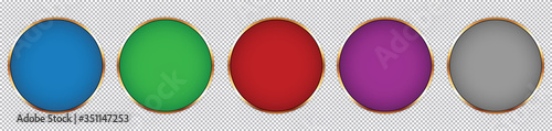 set of round buttons with gold frame on transparent background	
