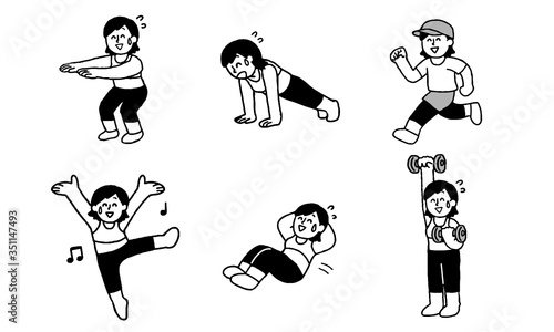 楽しそうに運動、体を鍛えるトレーニングウェア女性セット（シンプル）