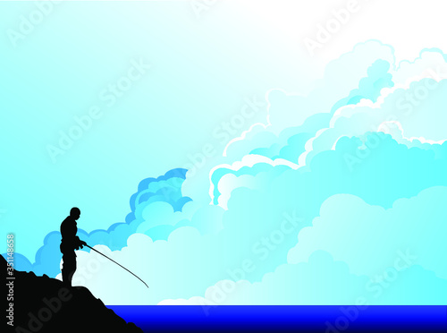 Lone fisherman silhouetted against a blue cloudy sky