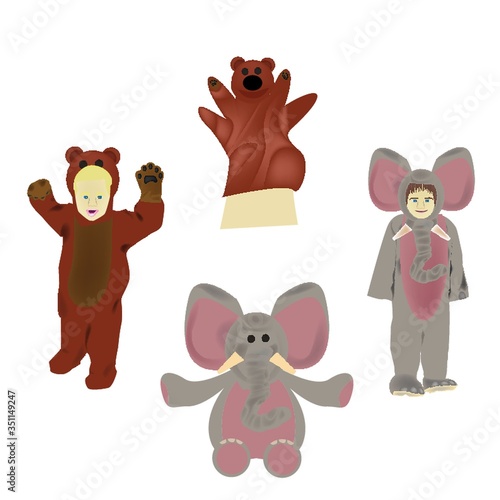 Set of animal costumes and toys