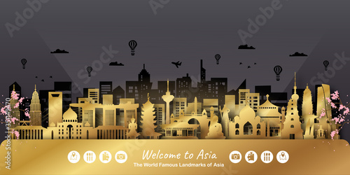 Asia Landmarks Travel postcard, poster, tour advertising of world famous landmarks. Vectors illustrations