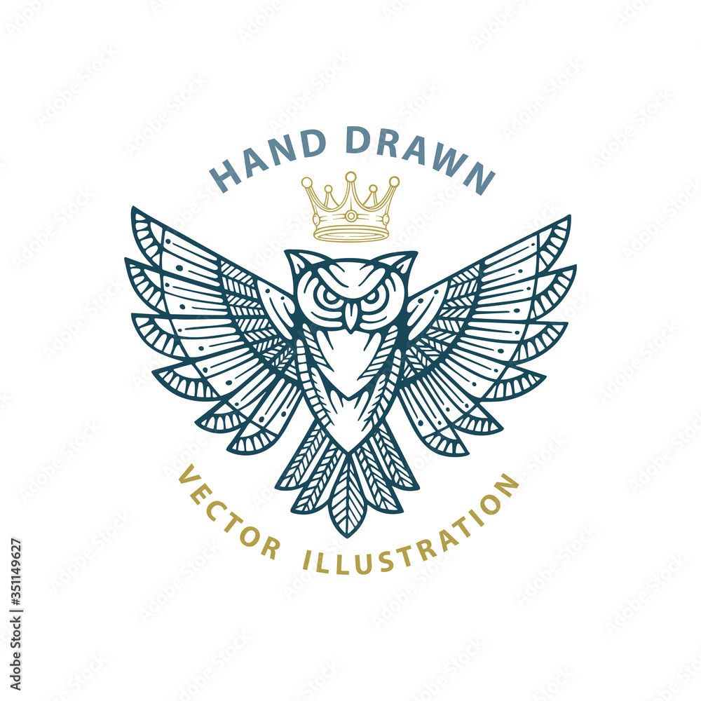 Owl. Golden owl and crown vector illustration. Part of set. Owl. Golden owl and crown vector illustration. Part of set.
