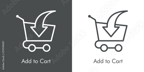 Símbolo comercio electrónico. Icono plano lineal texto Add to Cart con carrito de la compra con flecha en fondo gris y fondo blanco