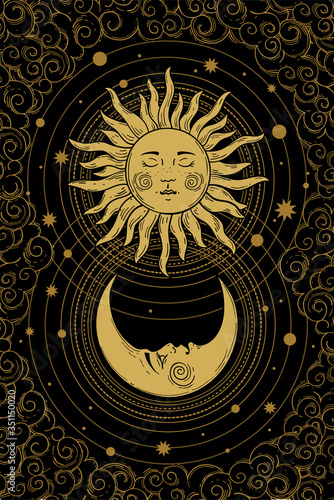 Divine golden crescent moon pattern with face, sun and clouds on a black background. Boho design elements for tarot, astrology, tattoo, cover. Vector illustration