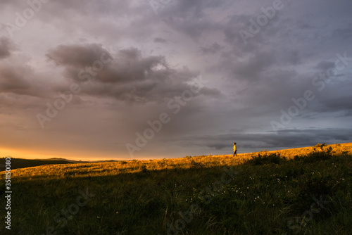 a girl stands on a hill in the sunset and looks at the sun