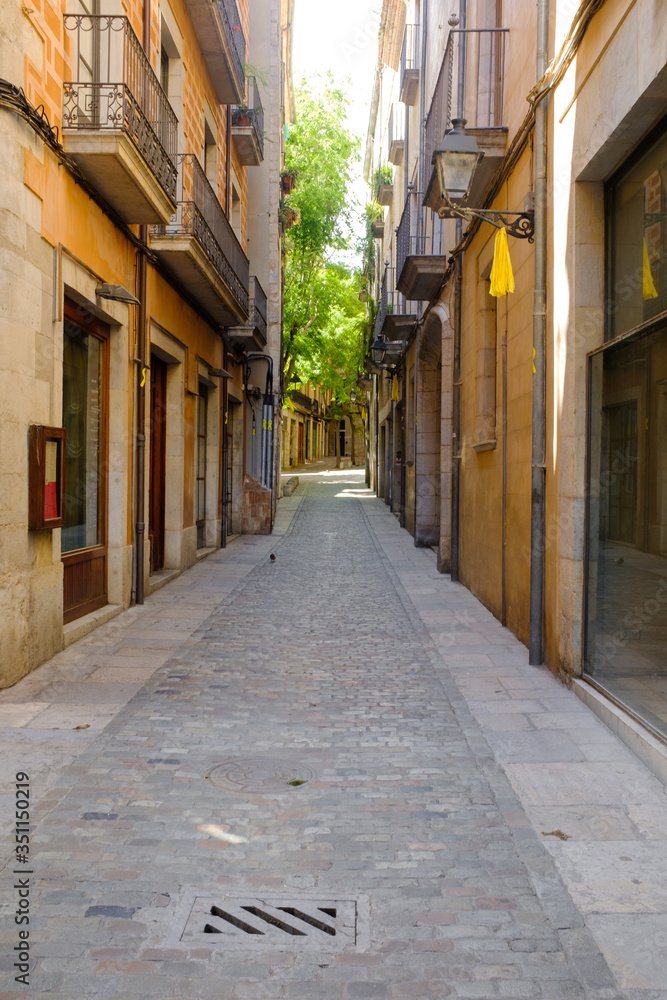 Fototapeta premium Nobody on a famous old town cobble stone narrow straight street in Girona