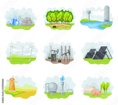 Fototapeta Naklejka Na Ścianę i Meble -  Natural Resources with Natural Gas Extraction Plant and Domestic Livestock Breeding Vector Set