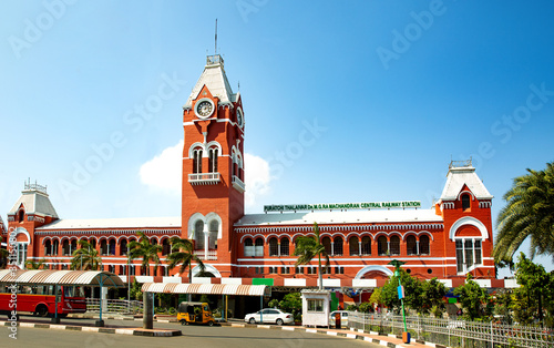 Puratchi Thalaivar Dr. MGR Central railway station,CHENNAI CENTRAL RAILWAY STATION, INDIA, TAMILNADU beautiful view day light blue say photo