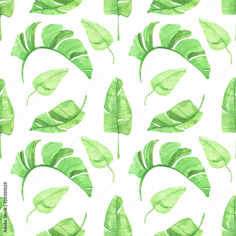 Fototapeta premium Watercolor seamless pattern of tropical leaves, greenery, exotic background