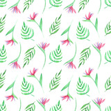 Watercolor seamless pattern of tropical leaves, greenery, exotic background