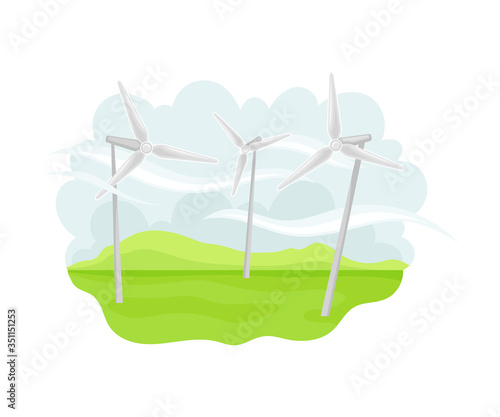 Wind-driven Generators on Green Field as Natural Resource for Mechanical Energy Production Vector Illustration