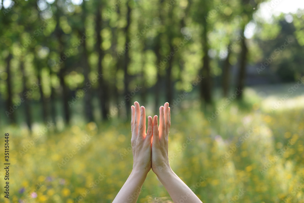 Woman hands in connection with nature doing yoga outdoors.