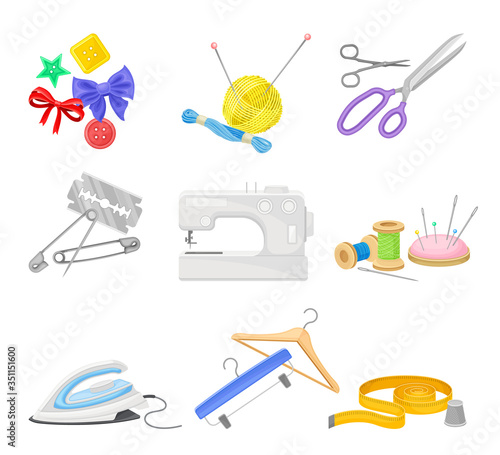Sewing and Tailoring Equipment with Sewing Machine and Scissors Vector Set