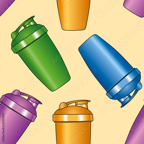 Seamless pattern design of protein shaker templates. Three-dimensional drawing of a sports bottle in purple, orange, green and blue on a beige background.