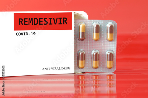 Example for medicine packaging, Remdesivir Anti-Viral Drug. capsule pills in blister pack for treatment infection. prevention and treatment for coronavirus infection COVID-19, medicine drug nCoV2019 photo