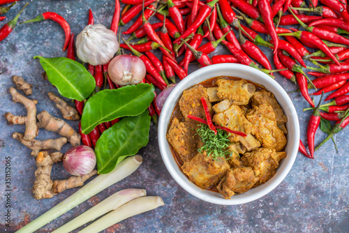 Spicy Red curry with pork bones is a local food in southern Thailand, Diet, technology, health, food, cooking, hopby Quarantine, home cooking, soft focus, copy space photo