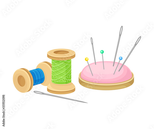 Sewing and Tailoring Equipment with Spool and Pins in Cushion Vector Illustration