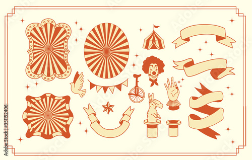circus elements graphic design assets collection. vintage clip art illustrations, borders, frames and icons. use for circus , magic show promotional posters, tickets and design projects, simple art