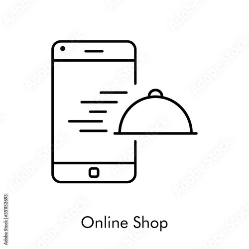 Símbolo de aplicación de comida a domicilio. Icono plano lineal con texto Online Shop con bandeja de comida en teléfono inteligente en color negro