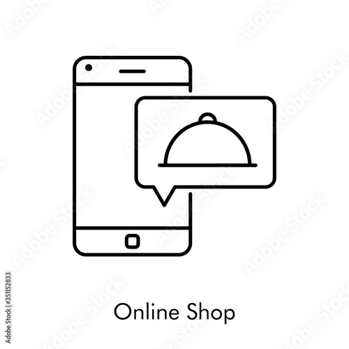 Símbolo de aplicación de comida a domicilio. Icono plano lineal con texto Online Shop con bandeja de comida en teléfono inteligente en color negro