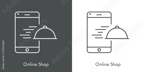Símbolo de aplicación de comida a domicilio. Icono plano lineal con texto Online Shop con bandeja de comida en teléfono inteligente en fondo gris y fondo blanco