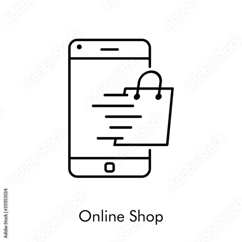 Símbolo de aplicación de tienda en línea. Icono plano lineal con texto Online Shop con bolsa de la compra en teléfono inteligente en color negro