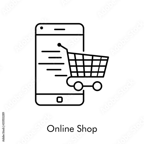Símbolo de aplicación de tienda en línea. Icono plano lineal con texto Online Shop con carrito de la compra en teléfono inteligente en color negro