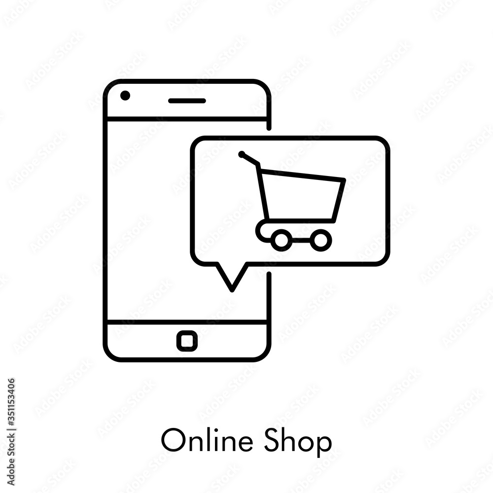 Símbolo de aplicación de tienda en línea. Icono plano lineal con texto Online Shop con carrito de la compra en teléfono inteligente en color negro Símbolo de aplicación de tienda en línea. Icono plano lineal con texto Online Shop con carrito de la compra en teléfono inteligente en color negro