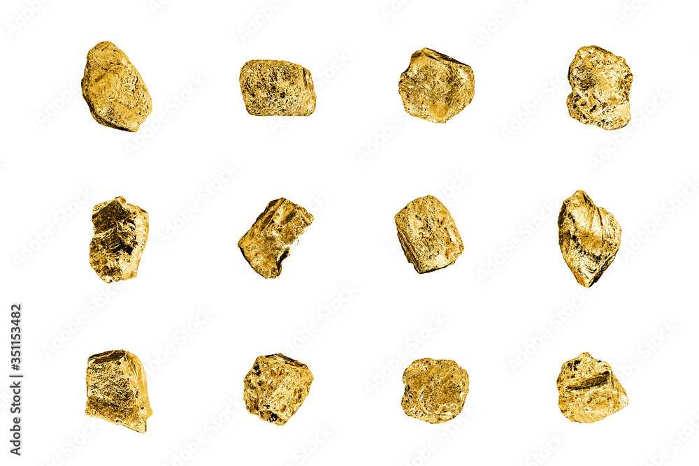 Golden stones set on white background isolated close up, gold nuggets ...