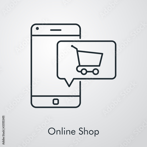 Símbolo de aplicación de tienda en línea. Icono plano lineal con texto Online Shop con carrito de la compra en teléfono inteligente en fondo gris
