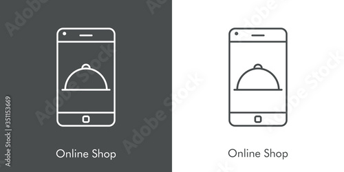 Símbolo de aplicación de comida a domicilio. Icono plano lineal con texto Online Shop con bandeja de comida en teléfono inteligente en fondo gris y fondo blanco