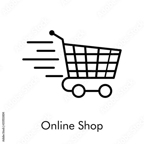 Símbolo de tienda en línea. Icono plano lineal con texto Online Shop con carrito de la compra en color negro