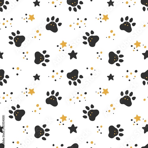 Seamless pattern with paws. Cute cartoon stars and footprints. Scrapbook printable paper. Baby animal. Baby shower gender neutral. Flat vector print for kids.