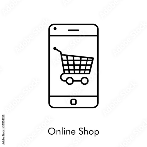 Símbolo de aplicación de tienda en línea. Icono plano lineal con texto Online Shop con carrito de la compra en teléfono inteligente en color negro 